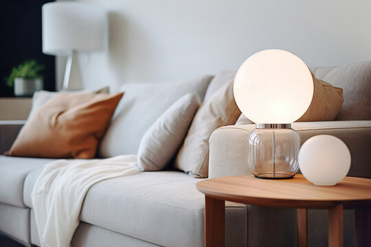 Close up of lamp on side table near sofa. Scandinavian home interior design of modern living room.