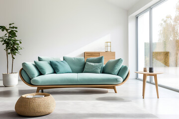 Turquoise sofa against white wall with copy space. Scandinavian home interior design of modern living room.