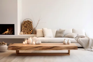 Fotobehang Wood slab coffee table, sofa with beige pillows near fireplace against white wall with copy space. Scandinavian home interior design of modern living room. © Vadim Andrushchenko