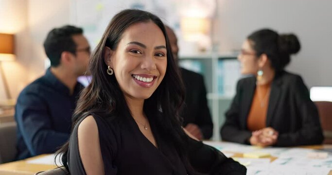 Meeting, smile and portrait of business woman with team planning or working on strategy together in startup company. Corporate, confident and professional employee at discussion in agency office
