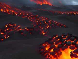 volcano lava and eruption in the evening. 3d illustration
