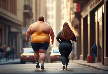 An overweight couple running down the street - obrazy, fototapety, plakaty