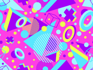 Fototapeta premium 3D geometric seamless pattern in 80s style. 3d isometric triangles, zigzags and circles. Geometric memphis style. Design for promotional products, wrapping paper and printing. Vector illustration
