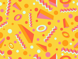 Memphis seamless pattern with 3d geometric shapes in 80s style. Colorful geometric pattern. Design of promotional products, wrapping paper and printing. Vector illustration