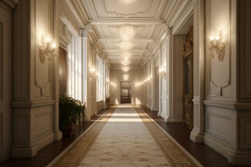 Rendered depiction of a grand hallway designed in a classical style. Generative AI