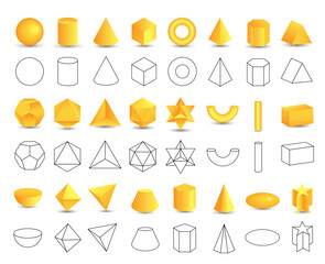 Set of vector realistic 3D yellow geometric shapes isolated on white background. Mathematics of geometric shapes, linear objects, contours. Platonic solid. Icons, logos for education, business, design