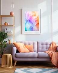 Living room with Scandinavian influences, with pastel-colored decor, focus on a white-framed mockup painting