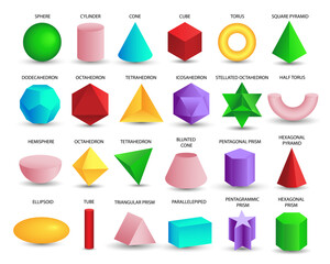 Vector realistic 3D colorful geometric shapes isolated on white background. Maths geometrical figure form, realistic shapes model. Platon solid. Geometric shapes icons for education, business, design.