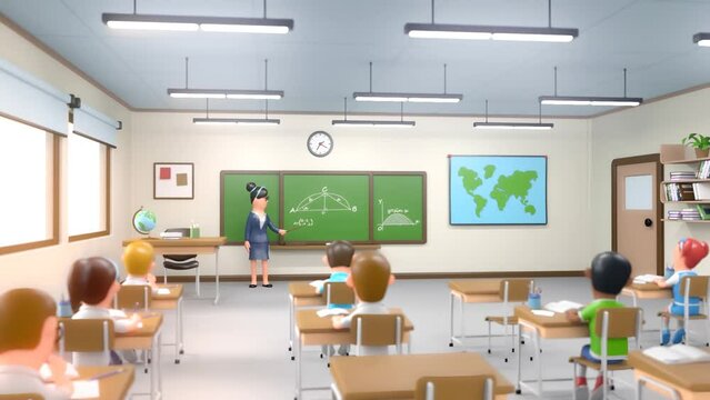 Young Female Teacher Standing in Classroom Full of Cute Little Kids. 3D Cartoon Teacher Teaching Children and Showing Formulas on Green Board With a Pointer Stick.