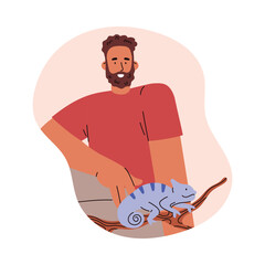 Happy bearded young man with chameleon pet flat style