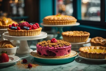Pie bakery and pastry closeup with food product dessert of choice in upscale hospitality industry Baking in cafe with skilled baker or chef fresh and delicious cuisine for catering. Generative Ai.
