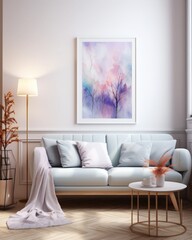 Living room with Scandinavian influences, with pastel-colored decor, focus on a white-framed mockup painting