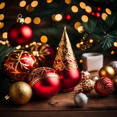 Christmas decorations - red and gold pine cones and balls. AI-Generated