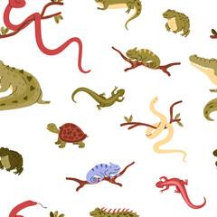 Seamless pattern with cute different reptiles flat style, vector illustration