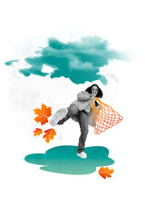 Composite creative collage of girl stylish outfit retro gamma hold net for grocery while raining...