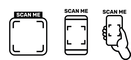 Scan me set icons. QR code template. Scan me sticker. QR code scan icon set. Scan me frame. QR code scan for smartphone. QR code for mobile app, payment and identification. Vector illustration.