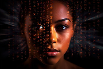 woman face with digital matrix numbers. Artificial intelligence. AI theme with a female human face