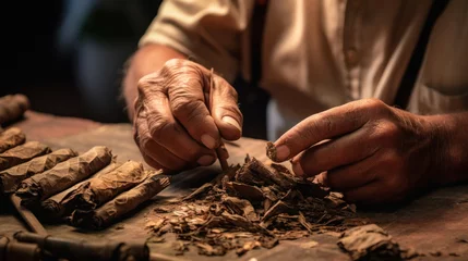 Crédence de cuisine en verre imprimé Havana manual cigar spinning rolling process at a cigar factory