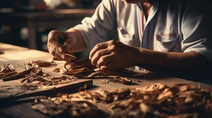 Crédence de cuisine en verre imprimé Havana manual cigar spinning rolling process at a cigar factory