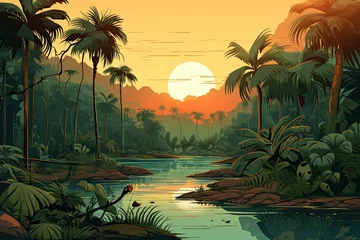 Foto auf Alu-Dibond Fantasielandschaft creek in the jungle green nature landscape illustration
