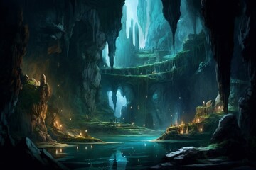 Illustration of a hidden subterranean magical cavern. Generative AI - obrazy, fototapety, plakaty