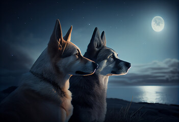 two dogs looking at the moon