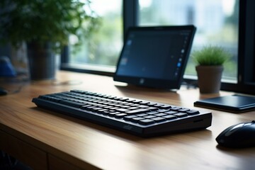 A keyboard resting on a mouse pad placed on an office desk. Generative AI - obrazy, fototapety, plakaty