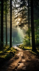 Fototapeta premium Misty forest with sunlight filtering through trees