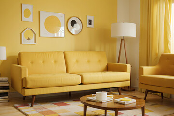 Yellow loveseat sofa and side tables against of colorful circle patterned wall. Mid century interior design of modern living room