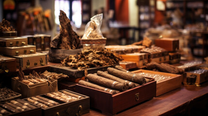 Cuban cigars in a wooden box, closeup view with details, copy space