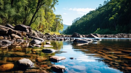 Naklejka premium Blurred river with rocks and trees in foreground