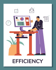 Employee manager or businessman looking at computer, writing notes, doing tasks, analyzes chart vector Efficiency poster