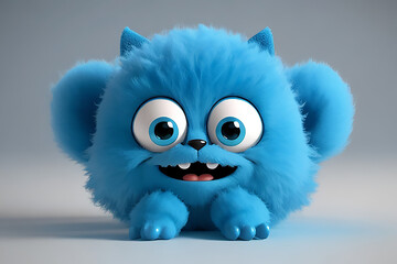 Cute blue furry monster 3D cartoon character. Ai Generated. - obrazy, fototapety, plakaty