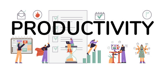 Time management to improve productivity at work banner, flat vector illustration.