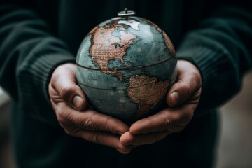 A person holding a globe in their hands, symbolizing global unity and interconnectedness - obrazy, fototapety, plakaty