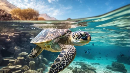 Gordijnen turtle in red sea near coral reef © olegganko