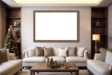 Christmas background of a light cosy luxury living room. Stylish interior design with a Christmas tree and Christmas decorations. Modern poster mock up, copy space