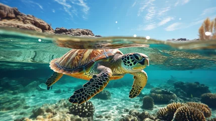 Fotobehang turtle in red sea near coral reef © olegganko