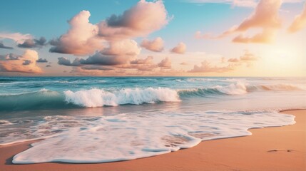 Dreamy beach with blurred ocean waves and sky