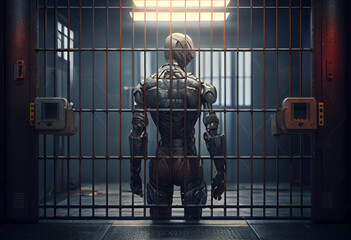 Robot cyborg in jail - obrazy, fototapety, plakaty