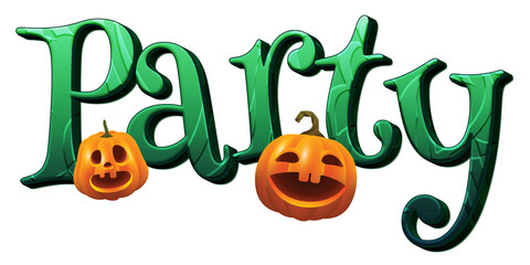 Green party word with pumpkins. Halloween theme. Isolated on transparent background. This is a part of a set which includes alphabet letters, numbers, and symbols