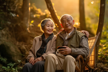 Obraz premium Senior couple in love sitting together on chairs looking at nature in forest, during autumn day.