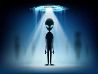 Alien stand on background of glowing light UFO. Stock vector illustration.