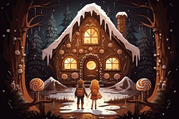 children stand in front of a gingerbread house in the forest illustration © krissikunterbunt