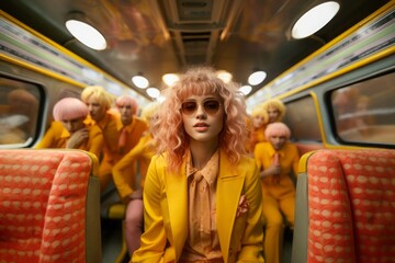 People in the bus, the woman wears a pastel yellow costumes. Close up on beautiful blond girl.