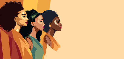 Vector style fashion abstract banner poster for Women's Day, women of different cultures and nationalities. Vector concept of movement for gender equality and women's empowerment