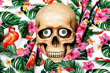 Creepy skull with blankets with floral ornament
