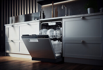 Open empty dishwasher in a modern kitchen. Integrated dishwasher with drawers.