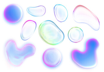 Set of realistic colorful bubbles. Transparent water realistic bubbles, shapes droplets, isolated on a transparent background, PNG illustration. 