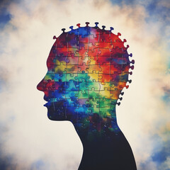 Picture a Mental Health Awareness image of a person's silhouette with a jigsaw puzzle pattern within. mental health, personality disorder, Created using generative AI